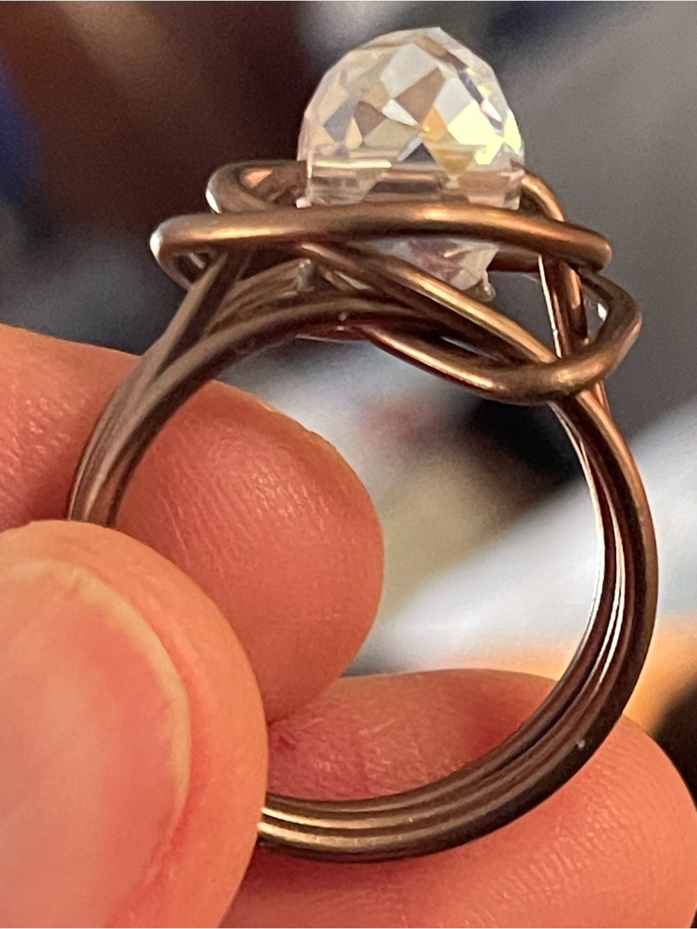 Handcrafted Copper Metal Ring with Clear Crystal Accent sz 10